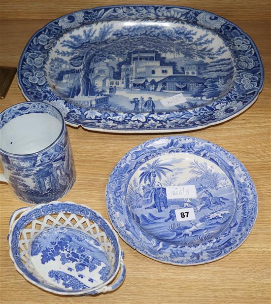 A Spode blue and white dish, Death of the Boar, a meat plate basket and tankard (4)